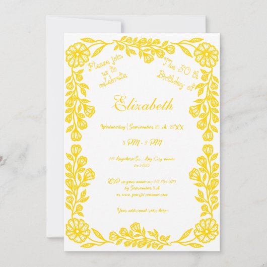 50誕生日ホワイト金ゴールド植物学フローラ 招待状 (正面)