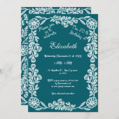 50誕生日ホワイト&ダークティール(緑がかった色)植物学フローラ 招待状 (正面/裏面)