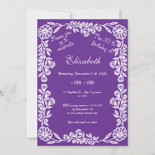 50誕生日ホワイト&パープルボタニカルフローラ 招待状 (正面)