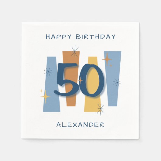 50誕生日ミッドセンチュリーモダンレトロブルー スタンダードカクテルナプキン (正面)