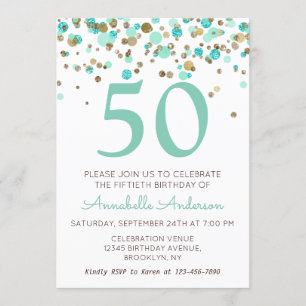 50誕生日ミント金ゴールドグリッタースパークル紙吹雪 招待状