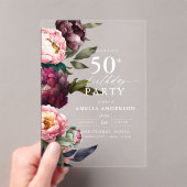 50誕生日ムーディモダンバーガンディ赤面フローラ アクリル招待状 (インサイチュ (ポータブル))