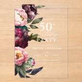 50誕生日ムーディモダンバーガンディ赤面フローラ アクリル招待状 (正面)