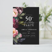 50誕生日ムーディモダンバーガンディ赤面フローラ 招待状 (スタンド正面)