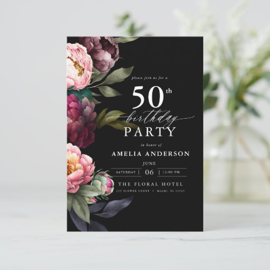 50誕生日ムーディモダンバーガンディ赤面フローラ 招待状 (スタンド正面)