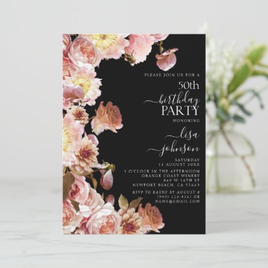 50誕生日ムーディモダンーダークピンクのスクリプトフローラ 招待状 (スタンド正面)