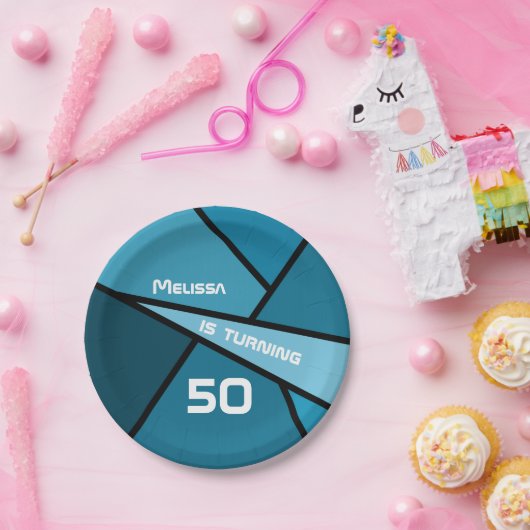 50誕生日モダンティール(緑がかった色)幾何学図形 ペーパープレート (パーティー)