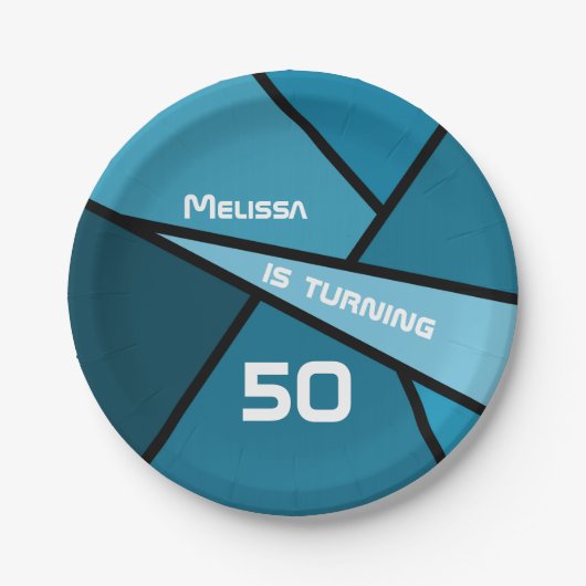 50誕生日モダンティール(緑がかった色)幾何学図形 ペーパープレート (正面)