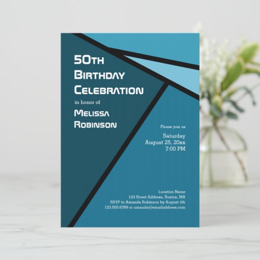 50誕生日モダンティール(緑がかった色)幾何学図形 招待状 (スタンド正面)