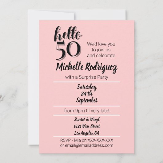 50誕生日モダンピンクとブラックパーティー 招待状 (裏面)