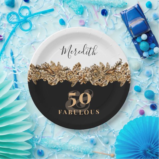 50誕生日ラグジュアリーゴールデンフラワークラシエレガントー ペーパープレート (パーティー)