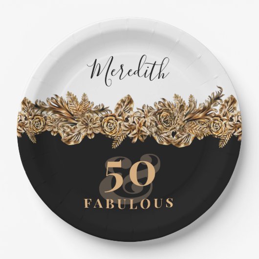 50誕生日ラグジュアリーゴールデンフラワークラシエレガントー ペーパープレート (正面)