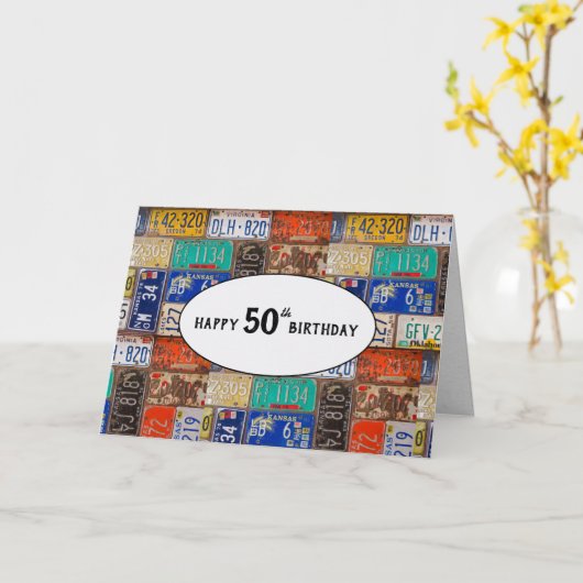 50誕生日ラスティライセンスプレートカード カード (黄色い花)