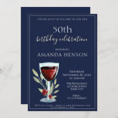 50誕生日レッドワインネイビーブルーパーティー 招待状 (正面/裏面)