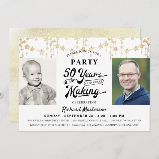 50誕生日レトロタイポグラフィ金ゴールドブラックフォト 招待状 (正面/裏面)