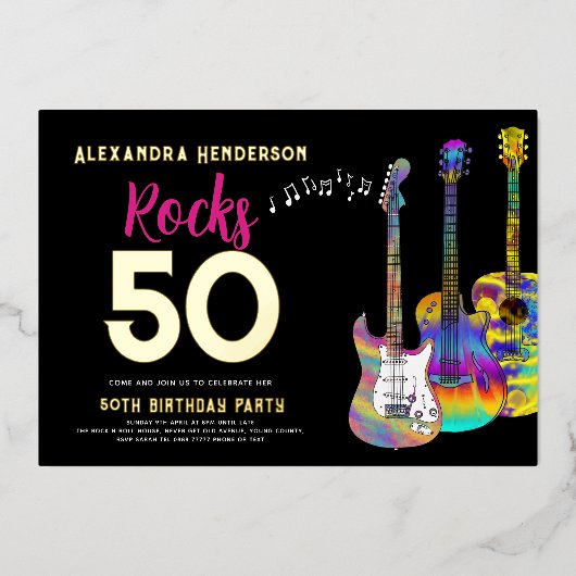 50誕生日ロックス50パーティーピンク 箔招待状 (正面)