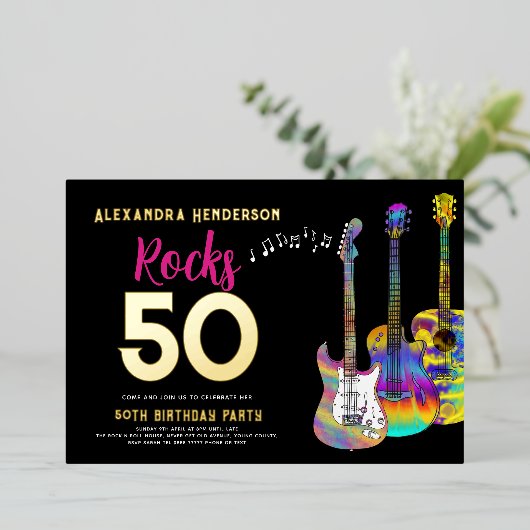 50誕生日ロックス50パーティーピンク 箔招待状 (立ち正面)