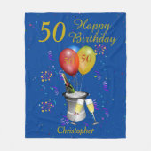 50誕生日ワきらめくインお祝いブルー フリースブランケット (正面)