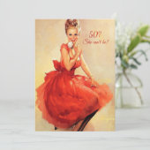 50誕生日ヴィンテージセクシーピンアップレッドドレス 招待状 (スタンド正面)