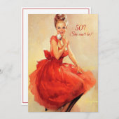 50誕生日ヴィンテージセクシーピンアップレッドドレス 招待状 (正面/裏面)