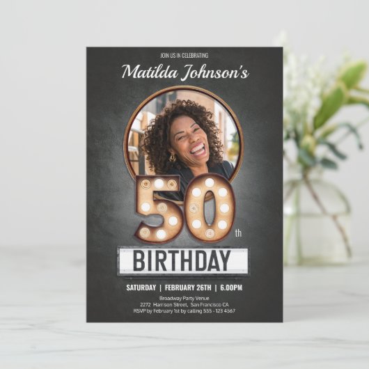 50誕生日ヴィンテージマーキーおもしろいカスタム写真 招待状 (スタンド正面)