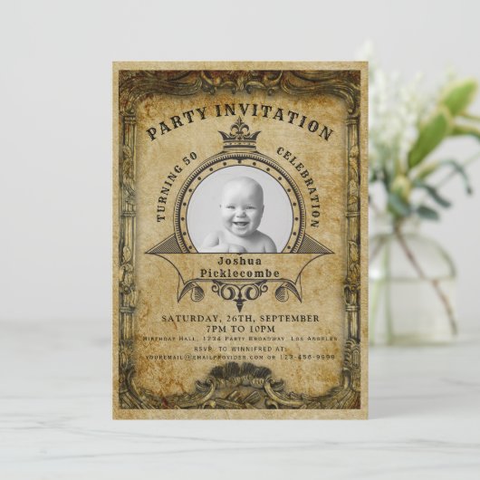 50誕生日ヴィンテージレトロフォトサプライズパーティー 招待状 (スタンド正面)