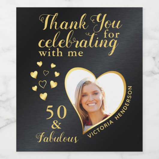 50誕生日写真ありがとうブラックと金ゴールド ワインラベル (シングルラベル)