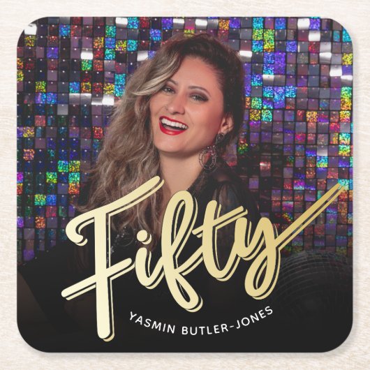 50誕生日写真カスタム金ゴールド色 スクエアペーパーコースター (正面)
