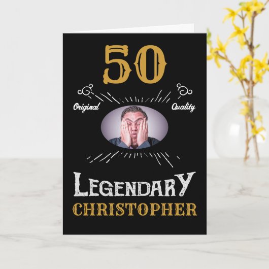 50誕生日写真テンプレートブラック金ゴールドレトロおもしろい カード (黄色い花)