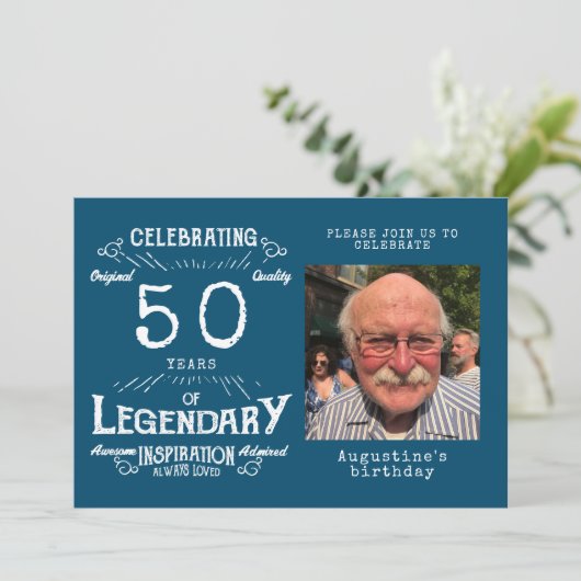 50誕生日写真テンプレートレジェンドブルーヴィンテージ 招待状 (スタンド正面)