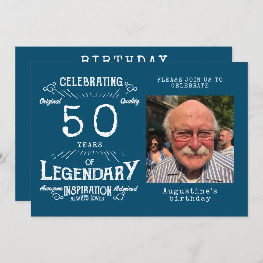 50誕生日写真テンプレートレジェンドブルーヴィンテージ 招待状 (正面/裏面)