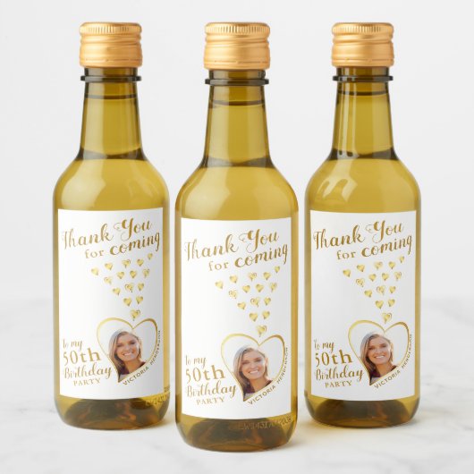 50誕生日写真白と金ゴールドありがとう ワインラベル (ボトル)