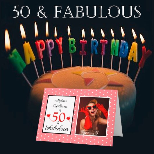 50誕生日名写真50 & Fabulous Pink White カード
