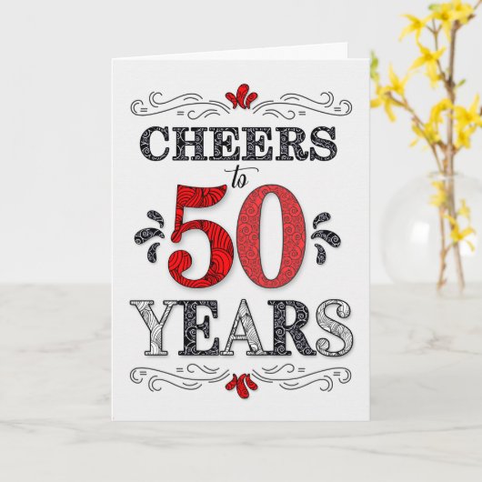 50誕生日応援の赤い白の黒のパターン カード (黄色い花)