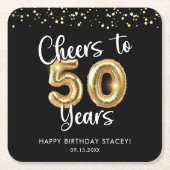 50誕生日応援～50年ブラック金ゴールド スクエアペーパーコースター (正面)