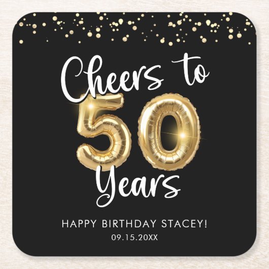 50誕生日応援～50年ブラック金ゴールド スクエアペーパーコースター (正面)