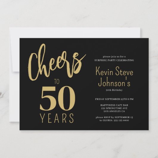 50誕生日応援~50年モダン金ゴールド黒 招待状 (正面)