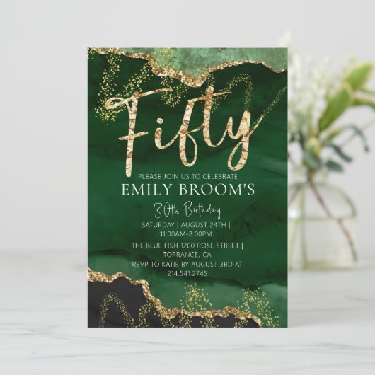 50誕生日招待状エメラルドグリーンと金ゴールド 招待状 (スタンド正面)