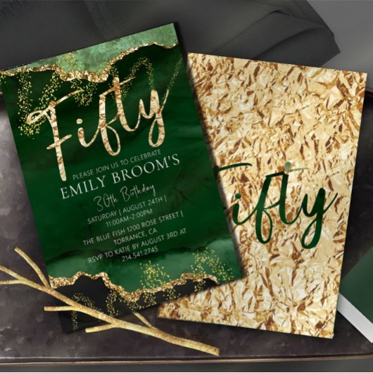 50誕生日招待状エメラルドグリーンと金ゴールド 招待状