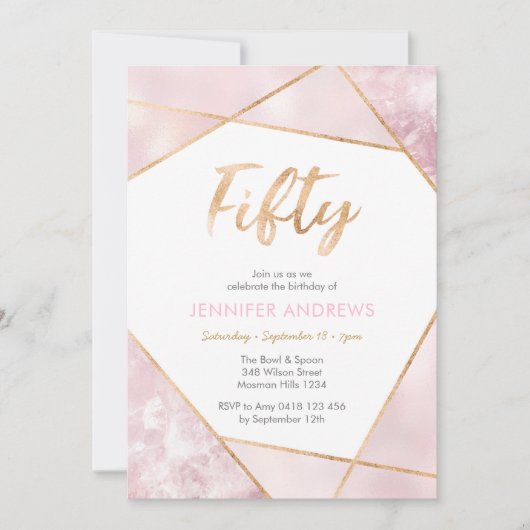 50誕生日招待状ジオピンクと金ゴールド 招待状 (正面)
