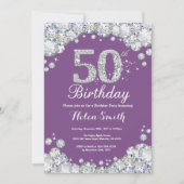 50誕生日招待状パープルとシルバーダイヤモンド 招待状 (正面)