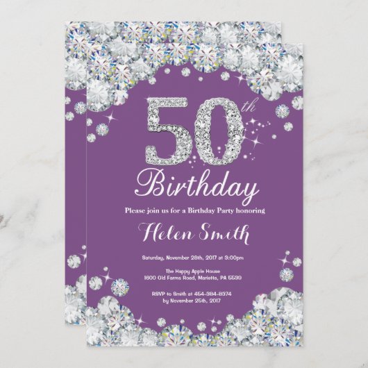 50誕生日招待状パープルとシルバーダイヤモンド 招待状 (正面/裏面)