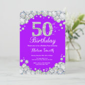 50誕生日招待状パープルとシルバーダイヤモンド 招待状 (スタンド正面)