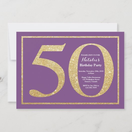 50誕生日招待状パープルと金ゴールドグリッター 招待状 (正面)
