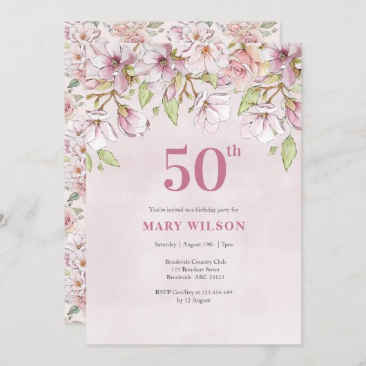 50誕生日招待状ピンクフローラ 招待状 (正面/裏面)