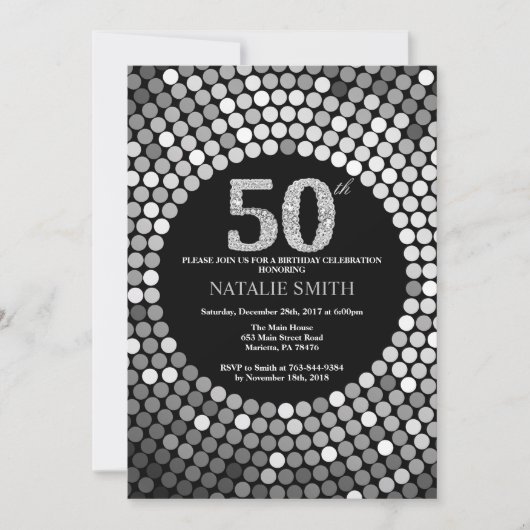 50誕生日招待状ブラック&シルバーグリッター 招待状 (正面)