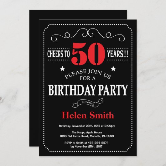 50誕生日招待状赤と黒の黒板 招待状 (正面/裏面)