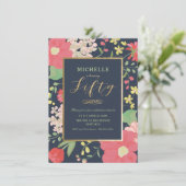 50誕生日招待状-金ゴールド、エレガントフローラ 招待状 (スタンド正面)