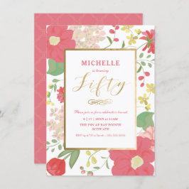 50誕生日招待状-金ゴールド、エレガントフローラ 招待状