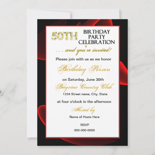 50誕生日招待状 – 黒/赤スワリング 招待状 (裏面)